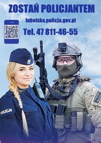 Baner na którym widać dwoje policjantów i napis zostań policjantem.