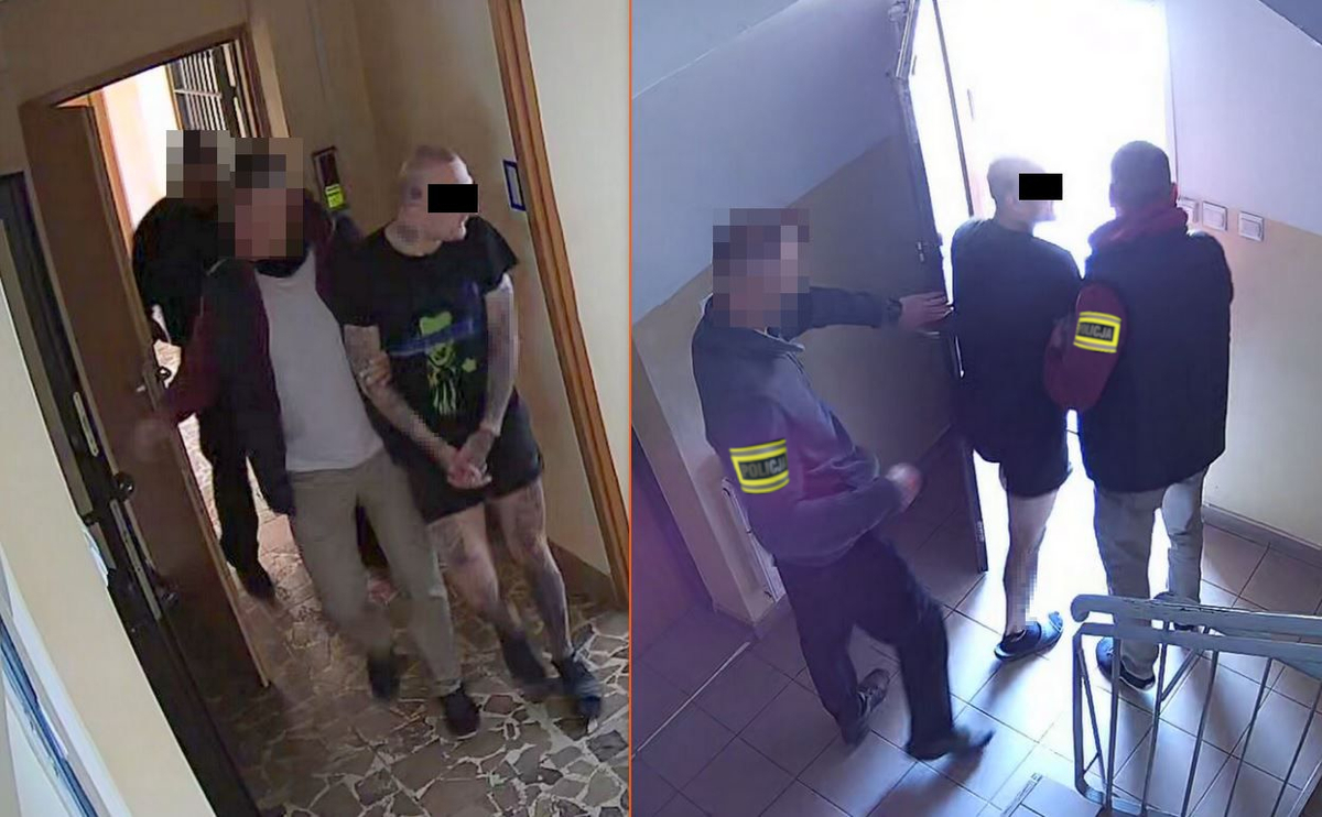 Kolaż zdjęć na których widać zatrzymanego prowadzonego przez policjantów.