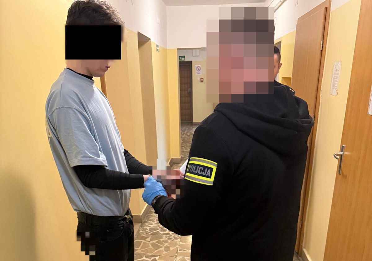 Policjant zakłada kajdanki zatrzymanemu mężczyźnie.