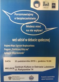zdjecie przedstawia plakat zachęcający do udziału  debacie na temat bezpieczeństwa