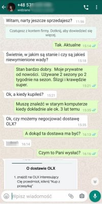 zdjecie przedstawia screen rozmowy potencjalnego kupca oszusta ze sprzedającym