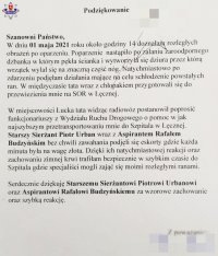 zdjęcie przedstawia list z podziękowaniami od poszkodowanej kobiety, która policjanci eskortowali do szpiatla