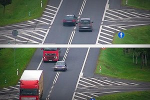 Kolaż zdjęć z dwóch wykroczeń drogowych. Na pierwszym jak i na drugim zdjęciu kierowcy wyprzedzają poprzedzające auta w miejscu zabronionym.