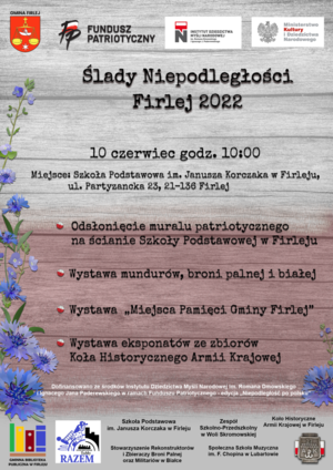 plakat przedstawiający napis Śladami Niepodległości Firlej 2022.