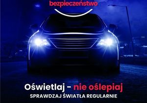 na zdjęciu samochód koloru niebieskiego i jasne białe swiatła