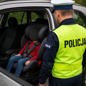 na zdjeciu policjant i dziecko w foteliku samochodowym