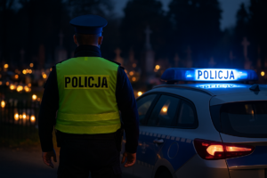 policjant stojący przy radiowozie tyłem