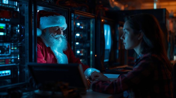 kobieta siedzi przy monitorze w środku mikołaj