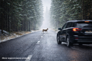 sarna na drodze przed samochodem