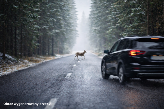 sarna na drodze przed samochodem