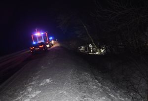 pojazdy służb na miejscu wypadku. Audi w rowie