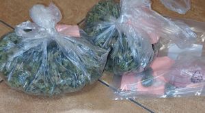 na zdjęciu susz marihuany i tabletki z meta amfetamina koloru różowego w trzech woreczkach